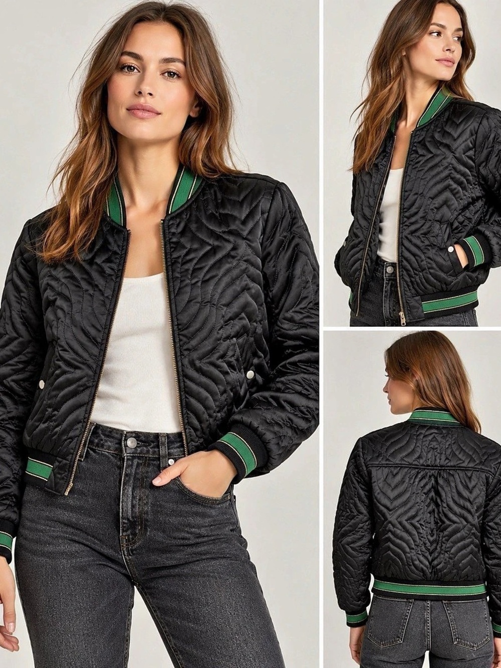 Elan Quilted Bomber Jacket Black Green Gold Retro Satin S EUC